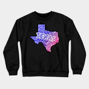 Colorful mandala art map of Texas with text in blue and violet Crewneck Sweatshirt